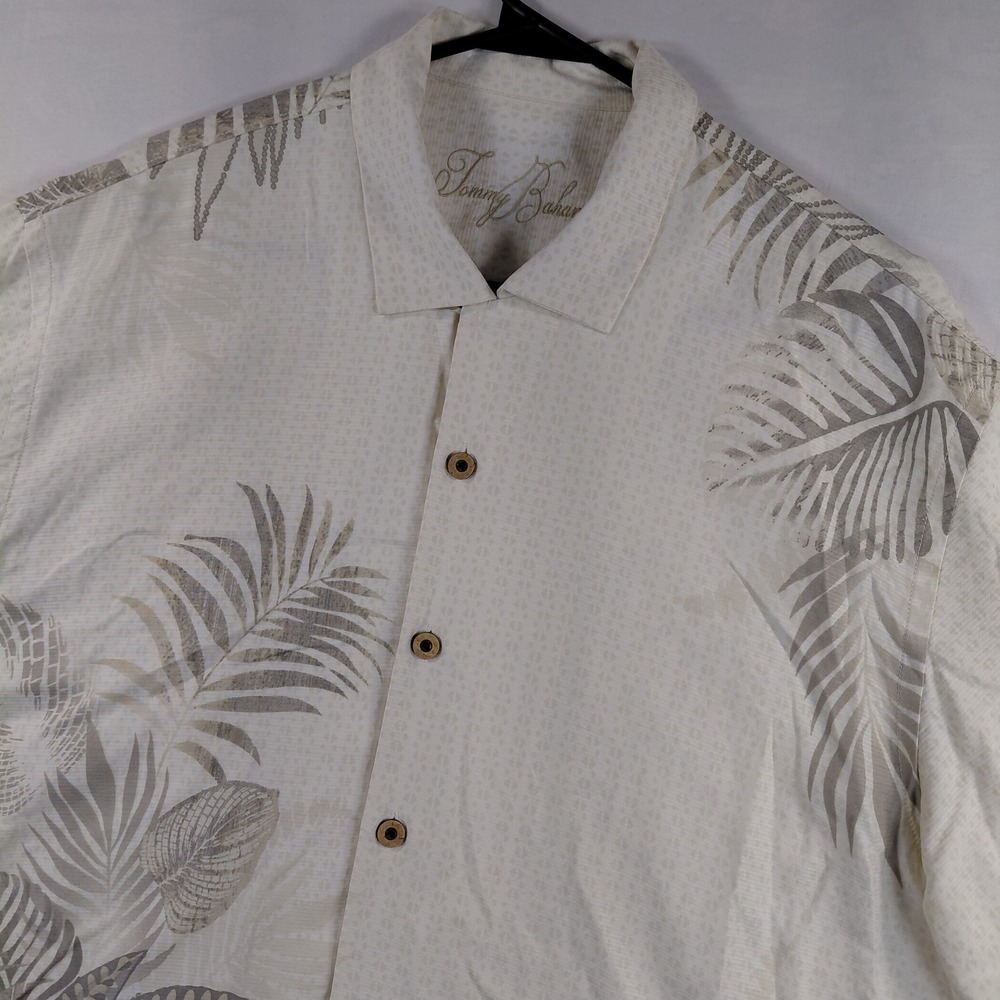 Tommy Bahama Mens Large 100% Silk Short Sleeve Button Up Palm Leaf Shirt Beige